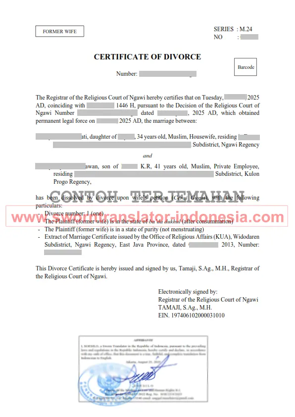 Contoh terjemah tersumpah Akta Cerai