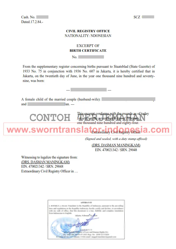 Contoh terjemah tersumpah Akta lahir