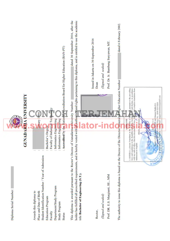 Contoh terjemah tersumpah Ijazah S1