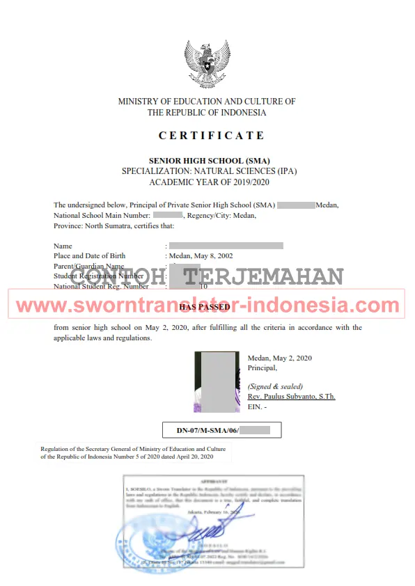 Contoh terjemah tersumpah Ijazah SMA