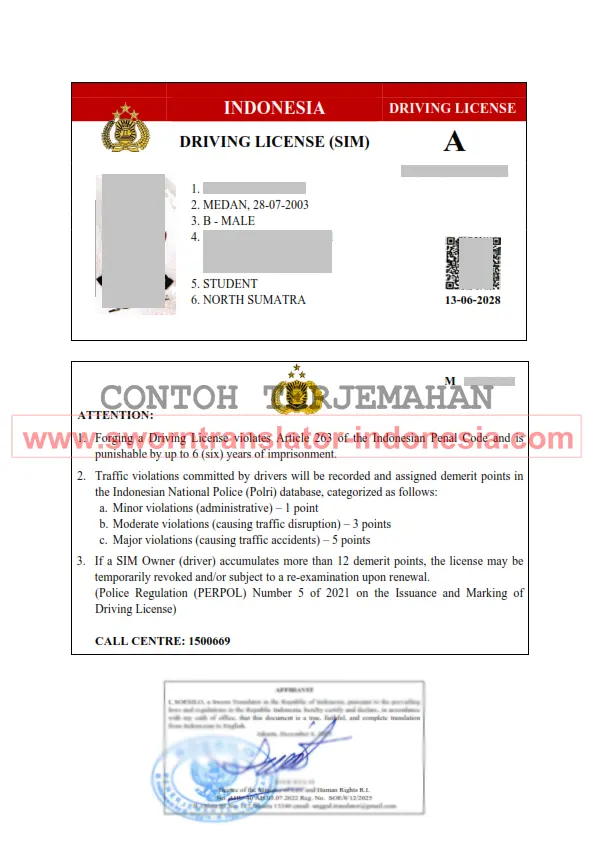 Contoh terjemah tersumpah SIM